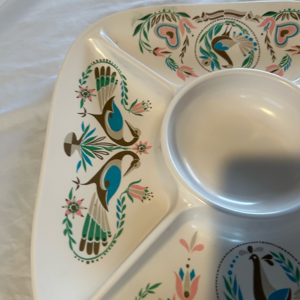 Vtg Melamine Large Divided Tray Square Penna Dutch Symbols MCM 14” Peacock Doves - Picture 3 of 8